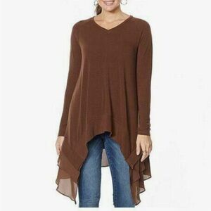Dg2 Diane Gilman BROWN Ribbed Knit Sweater and Chiffon Top Espresso Size XSmall